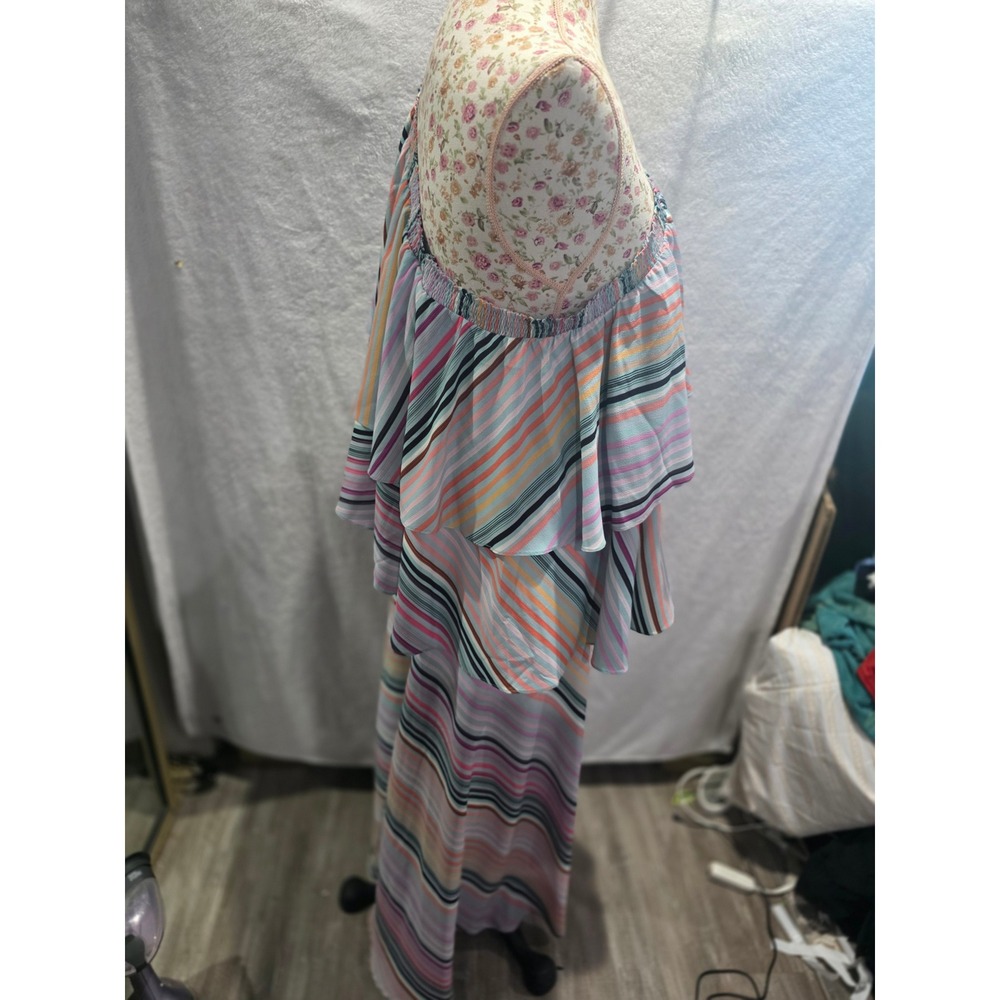 Anthropologie Striped One Shoulder Ruffle Tiered Maxi Dress Multi Color Boho - Picture 7 of 9
